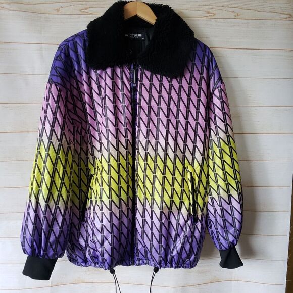 Nocturne Oversized Puffer Jacket Coat Faux Fur Collar Ombre Lined Women Large - Picture 4 of 16